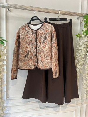 Trendparis Etnik Desenli Şık Dalgıç Kumaş Ceket & Etek Ikili Takım