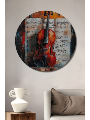 Teona Ahşap Keman Nota Soyut Yağlı Boya Görünümlü Ahşap Dekoratif Tablo Yuvarlak Duvar Tablosu