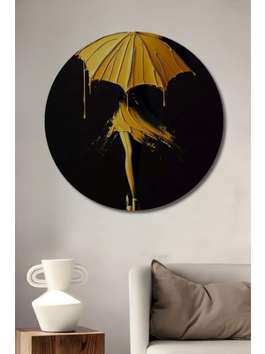 Teona Ahşap Altın Şemsiye Dansı Yağlı Boya Görünümlü Ahşap Dekoratif Tablo Yuvarlak Duvar Tablosu
