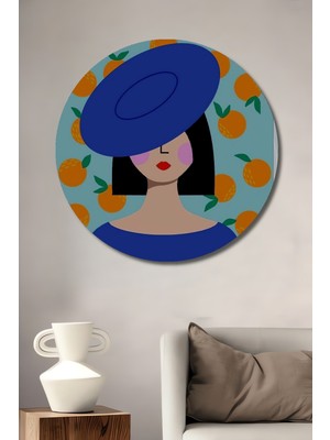 Teona Ahşap Mavi Şapkalı Kadın Portresi Yağlı Boya Görünümlü Ahşap Dekoratif Tablo Yuvarlak Duvar Tablosu