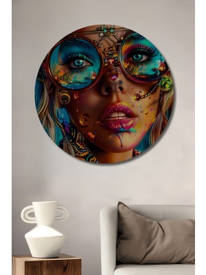 Teona Ahşap Renkli Kadın Portresi Yağlı Boya Görünümlü Modern Sanat Ahşap Dekoratif Tablo Yuvarlak Duvar Tablosu