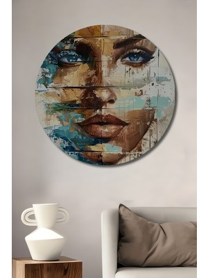 Teona Ahşap Soyut Kadın Portresi Yağlı Boya Görünümlü Ahşap Dekoratif Tablo Yuvarlak Duvar Tablosu