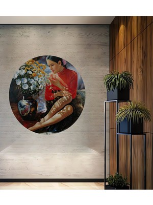 Teona Ahşap Bohem Sanat Yağlı Boya Görünümlü Genç Kadın ve Çiçekler Ahşap Dekoratif Ev,antre,salon,ofis Tablo