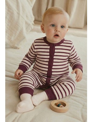 Cigit Çizgili Triko Tulum 0-3 Yaş Mürdüm