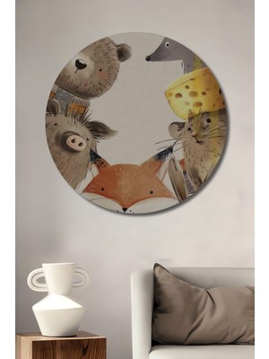 Teona Ahşap Sevimli Orman Dostları Suluboya Görünümlü Ahşap Dekoratif Tablo Yuvarlak Duvar Tablosu