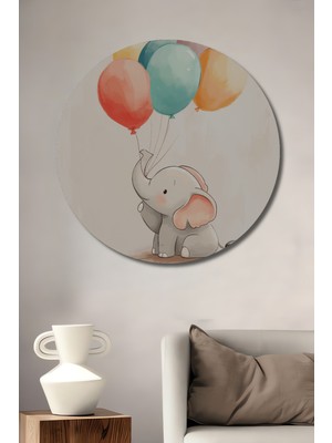 Teona Ahşap Sevimli Fil ve Renkli Balonlar Sulu Boya Görünümlü Dekoratif Ahşap Tablo Yuvarlak Duvar Tablosu