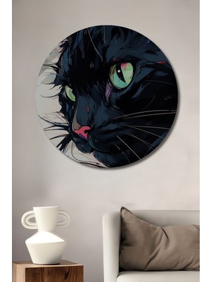 Teona Ahşap Gızemlı Siyah Kedi Yağlı Boya Görünümlü Ahşap Dekoratif Tablo Yuvarlak Duvar Tablosu