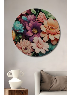 Teona Ahşap Canlı Renkler Çiçek Bahçesi Yağlı Boya Görünümlü Ahşap Dekoratif Tablo Yuvarlak Duvar Tablosu