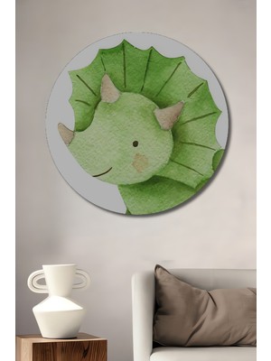 Teona Ahşap Sevimli Dinozor Suluboya Görünümlü Ahşap Dekoratif Tablo Yuvarlak Duvar Tablosu