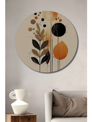 Teona Ahşap Soyut Yaprak ve Daireler Sulu Boya Görünümlü Ahşap Dekoratif Tablo Yuvarlak Duvar Tablosu
