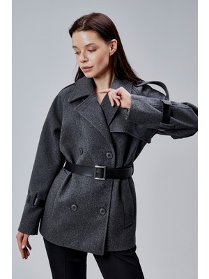 Bolivente Lina Antrasit Regular Fit Premium Kemerli Kaşe Ceket