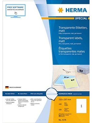 Storemax Herma 4375 Hava Şartlarına Dayanıklı Folyo Etiketleri Dın A4 Şeffaf 210 x 297 Mm, 25 Yaprak, Polyester Folyo, Mat Kendinden Yapışkanlı, Yazdırılabilir, Kalıcı Yapışan Yapışkan Folyo, 25 Yapışkan