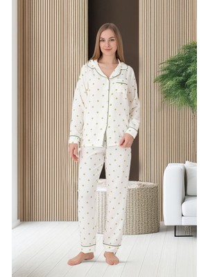 Dofi Kadın 1780 Düğmeli Puantiyeli Pijama Takımı Yazlık Ev Giyimi - Ekru
