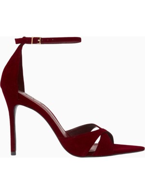 Schutz Strappy 100 Bordo Süet Crossover Bantlı, 100MM Ince Topuklu Lüks Sandalet