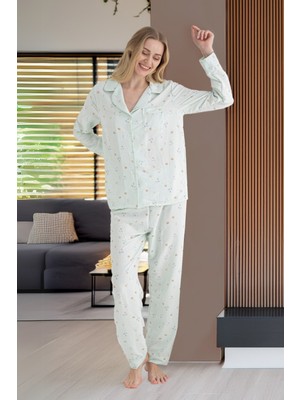 Dofi Kadın Uzun Kollu Düğmeli Çiçek Desenli  Aerobin Pijama Takımı Yazlık ve Ev Giyimi - YEŞİL