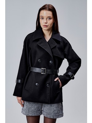 Bolivente Lina Siyah Regular Fit Premium Kemerli Kaşe Ceket