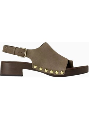Jeffrey Campbell Studded Bej-Khaki Süet, Gold Çivili Tokalı Topuklu Kadın Sandalet