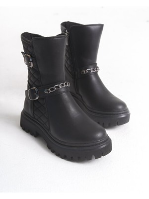 Kız Çocuk Siyah Zincir Tokalı Kaydırmaz Taban Su Geçirmez Bot