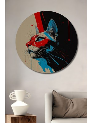 Teona Ahşap Kedi Sanatı Baskı Yağlı Boya Görünümlü Ahşap Dekoratif Tablo Yuvarlak Duvar Tablosu