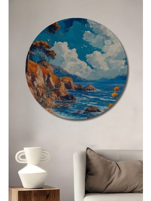 Teona Ahşap Sahil Manzarası Yağlı Boya Görünümlü Ahşap Dekoratif Tablo Yuvarlak Duvar Tablosu