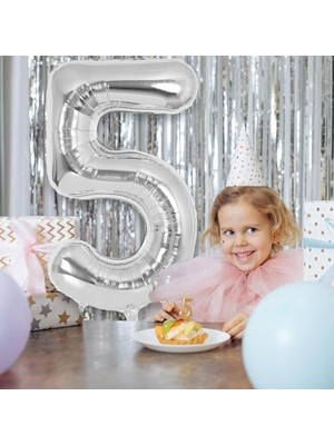 Storemax Xesha 5 Rakamı Doğum Günü Balonu Yaş Günü Gümüş Renk Uçan Balon 102 cm Doğum Günü ve Parti Dekorasyonu Büyük Boy Folyo Helyum Uçan Balon Yaş 5 Sayısı