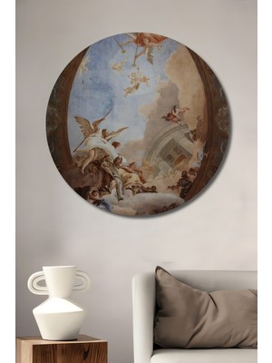 Teona Ahşap Gotik Melekler ve Bulutlar Yağlı Boya Görünümlü Ahşap Dekoratif Tablo Yuvarlak Duvar Tablosu