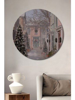 Teona Ahşap Kış Masalı Şehir Sokakları Sulu Boya Görünümlü Ahşap Dekoratif Tablo Yuvarlak Duvar Tablosu