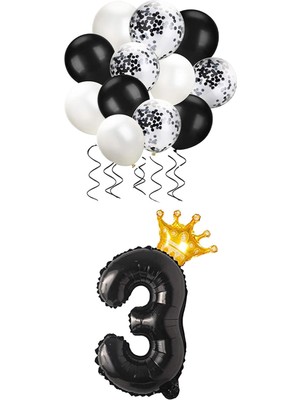 Storemax 3 Rakam Siyah Folyo Balon, Kral Tacı ve Konfetili Siyah Balon Set