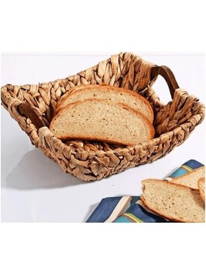 Storemax Kosova Wicker Serisi Bezli Kare Ahşap Kulplu Hasır Ekmek Sepeti