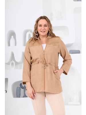 Rmg Omuz File Detaylı Keten Dokulu Büyük Beden Vizon Ceket1