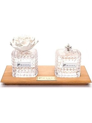 Storemax Masif Ahşap Tepsili Kristal Şişe Yasemin Sandal Oda Kokusu ve Kandil Seti