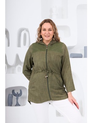 Rmg Omuz File Detaylı Keten Dokulu Büyük Beden Haki Ceket1