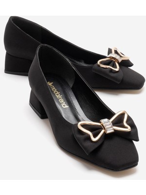 Ccway Kadın Çift Papyonlu Taşlı Küt Topuklu Ayakkabı; Siyah Zra