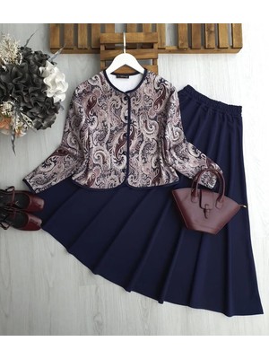 Trendparis Etnik Desenli Şık Dalgıç Kumaş Ceket & Etek Ikili Takım