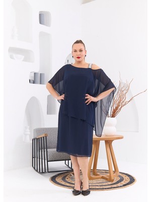 Rmg Omuz Taş Baskılı Büyük Beden Lacivert Şifon Elbise1