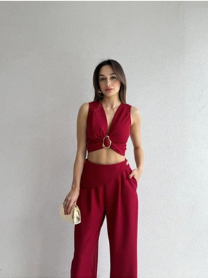 Klex Kadın Kuşaklı Tokalı Crop Bluz ve Palazzo Pantolon Takım - Bordo | Mint | Siyah | Vizon
