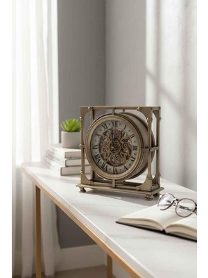 Rossev Roma Rakamlı Eskitme Gold Kare Çerçeve Çarklı Masa Saati