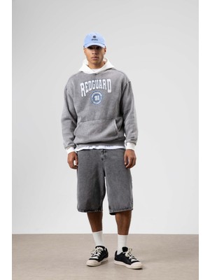 Vamos Oversize Baskılı Kapüşonlu Sweatshirt Gri