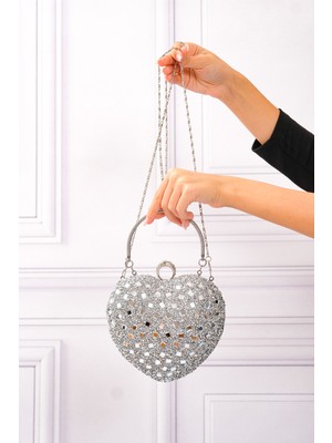 Roza Çanta Kadın Kalpli Taşlı Gümüş Abiye Çanta
