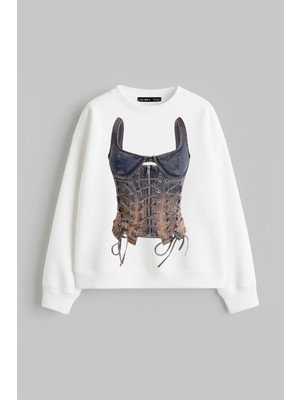 Sokak Butik Denim Corset Baskılı Kapüşonsuz Relaxed Fit Kadın Beyaz Sweatshirt