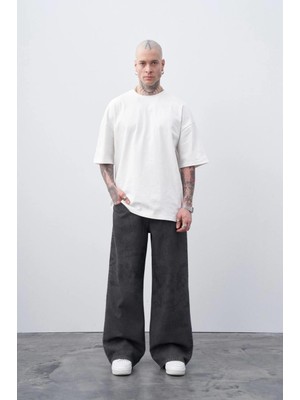 Vamos Siyah Lazer Baskılı Baggy Jean Gri