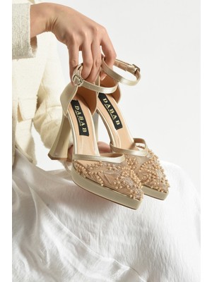 Dabab Shoes Pearly Bej Kadın Platformlu 11CM Topuklu Incili Bilekten Bantlı Abiye Gelin Düğün Ayakkabısı