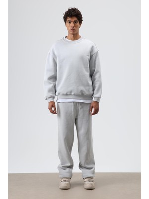 Vamos Basıc Oversize Bisiklet Yaka Sweatshirt Gri Melanj