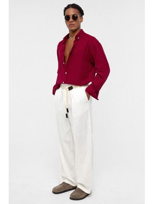 Vamos Basic Oversize Uzun Kollu Keten Gömlek Bordo