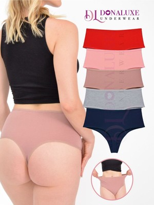 Donaluxe Kadın Yüksek Bel Tanga Gri Lacivert Vizon Somon Kırmızı Pamuklu Yumuşak Kumaş 5'li Paket Külot