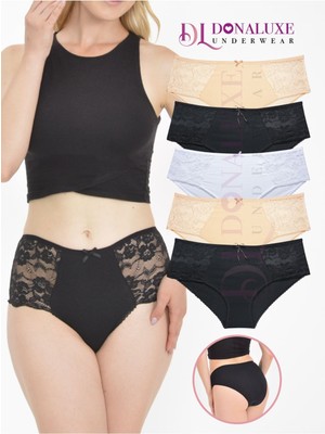 Donaluxe Kadın Külot , Kadın Dantelli Pamuklu 5'li Paket Külot Siyah Beyaz Ten