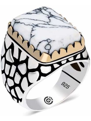 Gumush ​Gümüş Desenli Beyaz Taşlı Köşeli Erkek Yüzük - 30