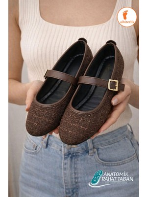 Albishoes Tüvit Kumaş Mary Jane Babet Şık Tokalı Anatomik Taban Günlük Ofis Ayakkabısı Kadın Babet