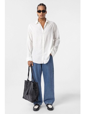 Vamos Basic Oversize Uzun Kollu Keten Gömlek Beyaz