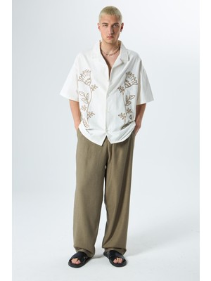 Vamos %100 Keten Baggy Pantolon Haki